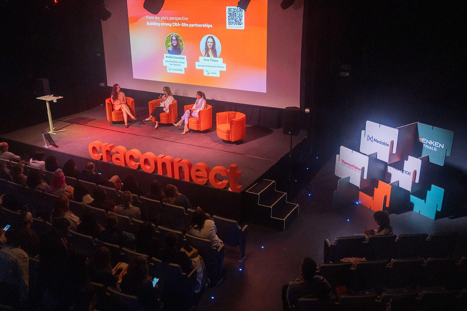 The CRACONNECT LIVE 2026 stage with the sponsor logo wall — Medable, Menken Trials, Thermo Fisher Scientific and Florence